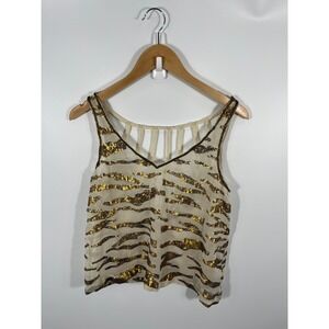 Ecote Women Top M Gold Open Back Sheer Sequin Beaded Indie Sleaze Maximalist